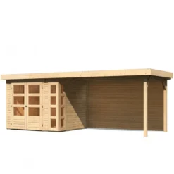 Abri De Jardin En Bois Massif 5,25m² Kerko 3 Avec Appentis 280cm Et Paroi Arrière – Karibu -Jardin Fournitures Soldes abri de jardin en bois massif 525m kerko 3 avec appentis 280cm et paroi arriere woodfeeling 2