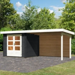 Abri De Jardin En Bois Massif Anthracite 5,62m² Bastrup 2 Avec Appentis 300cm Et Paroi Arrière – Karibu