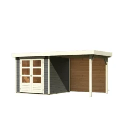 Abri De Jardin En Bois Massif Gris Terre 4,62m² Askola 2 Avec Appentis 240cm Et Paroi Arrière – Karibu -Jardin Fournitures Soldes abri de jardin en bois massif gris terre 462m askola 2 avec appentis 240cm et paroi arriere woodfeeling 2