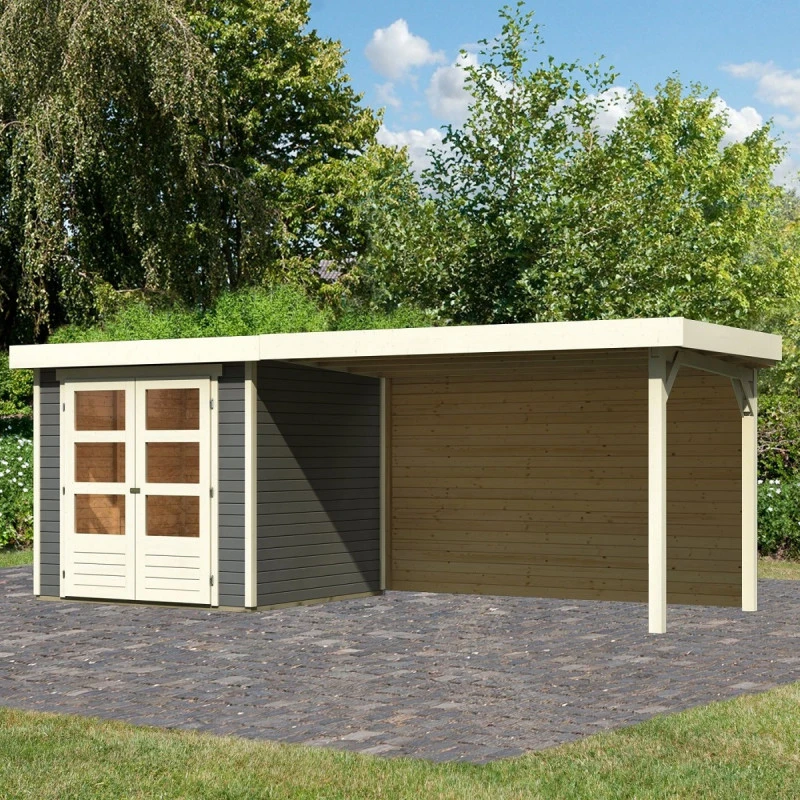 Abri De Jardin En Bois Massif Gris Terre 4,62m² Askola 2 Avec Appentis 280cm Et Paroi Arrière – Karibu 1 Abri De Jardin En Bois Massif Gris Terre 4,62m² Askola 2 Avec Appentis 280cm Et Paroi Arrière – Karibu