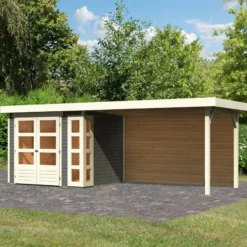Abri De Jardin En Bois Massif Gris Terre 5,25m² Kerko 3 Avec Appentis 280cm Et Paroi Arrière – Karibu