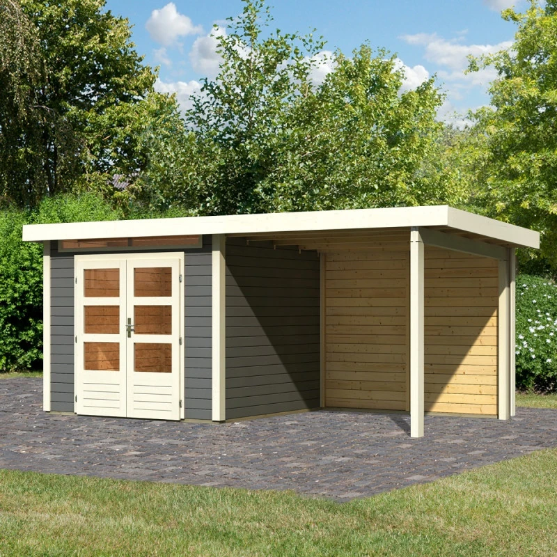 Abri De Jardin En Bois Massif Gris Terre 5,95m² Kandern 3 Avec Appentis 235cm Et Paroi Arrière – Karibu 1 Abri De Jardin En Bois Massif Gris Terre 5,95m² Kandern 3 Avec Appentis 235cm Et Paroi Arrière – Karibu