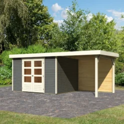 Abri De Jardin En Bois Massif Gris Terre 7,43m² Askola 5 Avec Appentis 240cm Et Paroi Arrière - Karibu