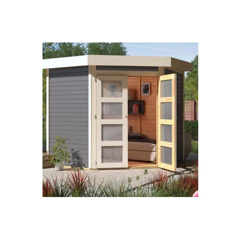 Abri Toit Plat 4,62m² Goldendorf 3 + Auvent En Bois Vitrifié Gris 19mm - Karibu 2 Abri Toit Plat 4,62m² Goldendorf 3 + Auvent En Bois Vitrifié Gris 19mm - Karibu – Image 2
