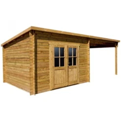 Abri Toit Plat 9m² PLUS + Terrasse 9m² 28mm Traité Marron Gardy Shelter -Jardin Fournitures Soldes abri toit plat 9m plus terrasse laterale 9m traite marron gardy shelter 2