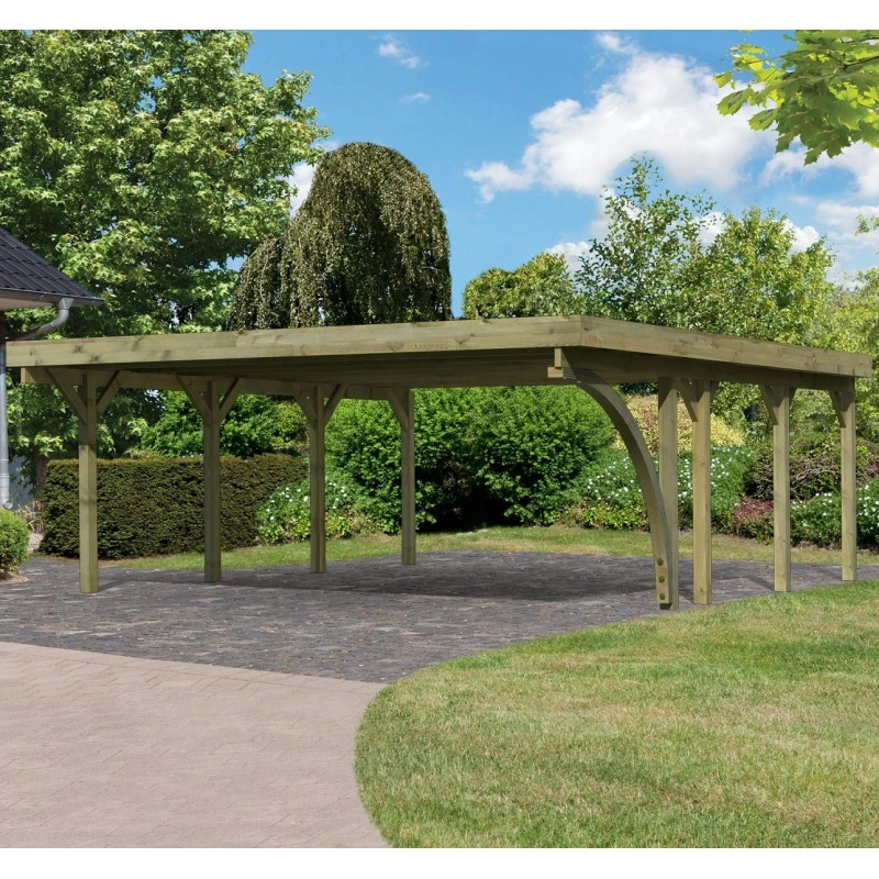 Carport En Bois Autoclave 40,2m² Avec Poteau En Arc Et Toit En Acier – KARIBU 1 Carport En Bois Autoclave 40,2m² Avec Poteau En Arc Et Toit En Acier – KARIBU