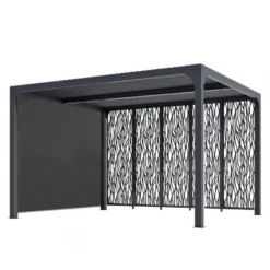 Pergola Bioclimatique Alu Anthracite 10,80m² Toit Avec Lames Ovales Alu + 5 Panneaux Moucharabieh + 1 Rideau Gris – HABRITA -Jardin Fournitures Soldes pergola bioclimatique alu anthracite 1080m toit avec lames ovales alu 5 panneaux moucharabieh 1 rideau gris habrita 2