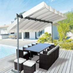 Pergola Marquise En Acier Anthracite 9m² Toile Pivotante Extensible En Polyester 200gr/m² écru - HABRITA